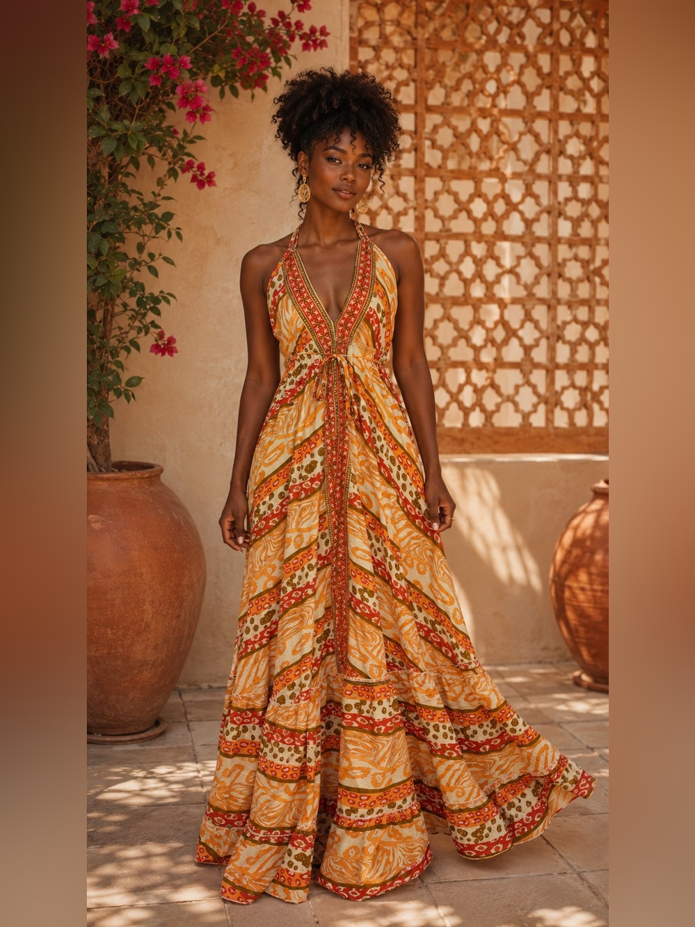 BEAUTIFUL Silk Halter Maxi Dress Open Back Orange Red Boho Resort Dress